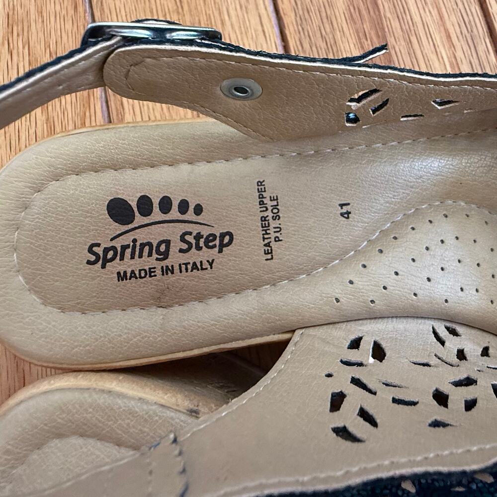 Spring Step Laser Cut Blue Multi Print Leather Slingback Wedge Sandals Size 10 - Picture 8 of 11